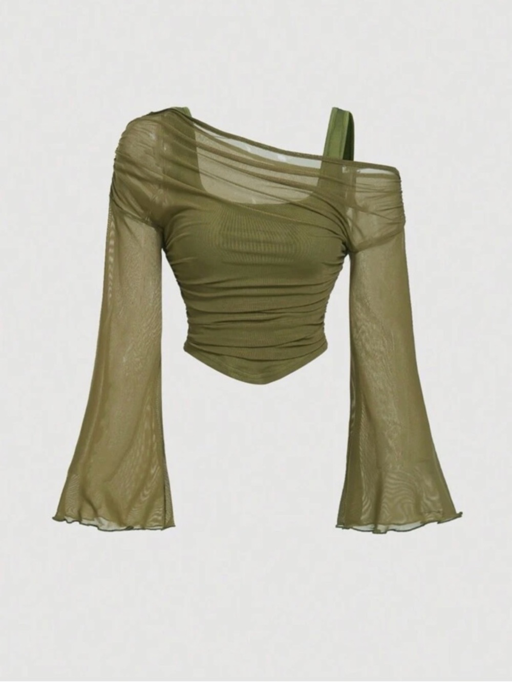 Olive Green Sheer Ruched Off-Shoulder Crop Top